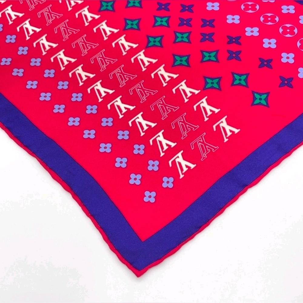 Auth Louis Vuitton Monogram red multicolor Silk Scarf W/Box - Picture 8 of 16